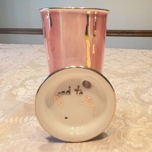 Anthropologie Good To Go Pink/Gold/Cream Ceramic Coffee Mug Tumbler & Lid (B)